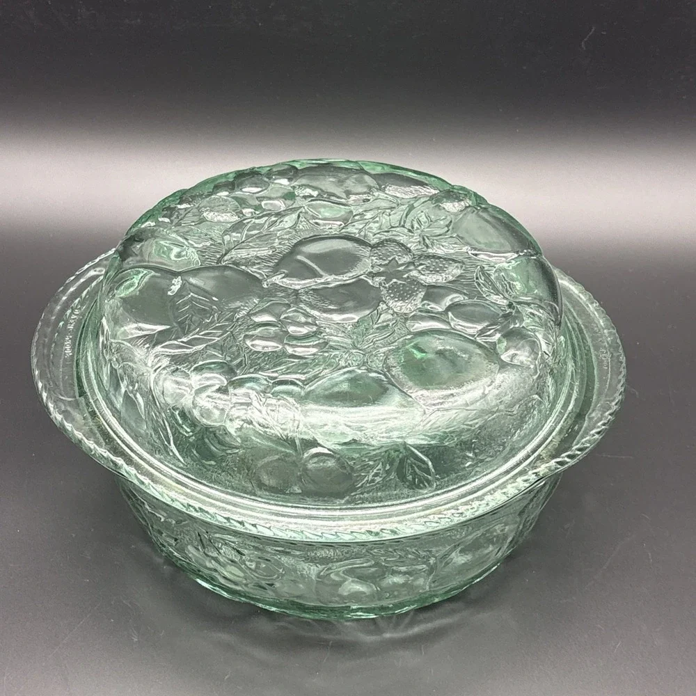 Vintage Libbey Orchard Fruit Green Glass 3-Quart Covered Casserole Ovenproof